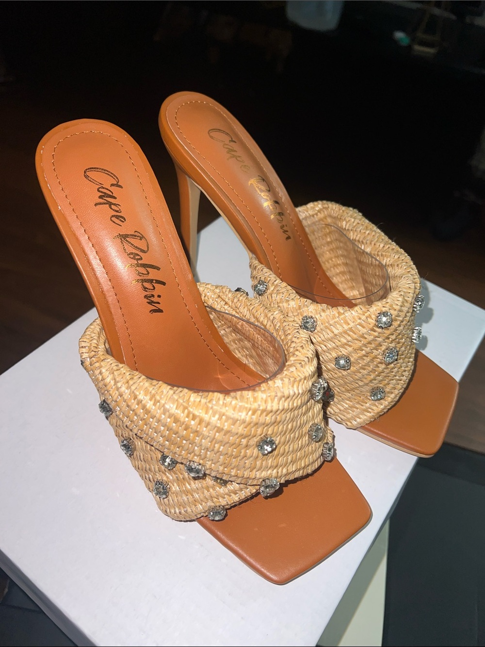 Cape Robbin Tan Woven Rhinestone Slip-On Heels - Picture 3 of 6